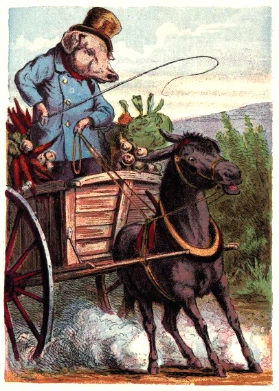 pig driving cart full of vegetables to market